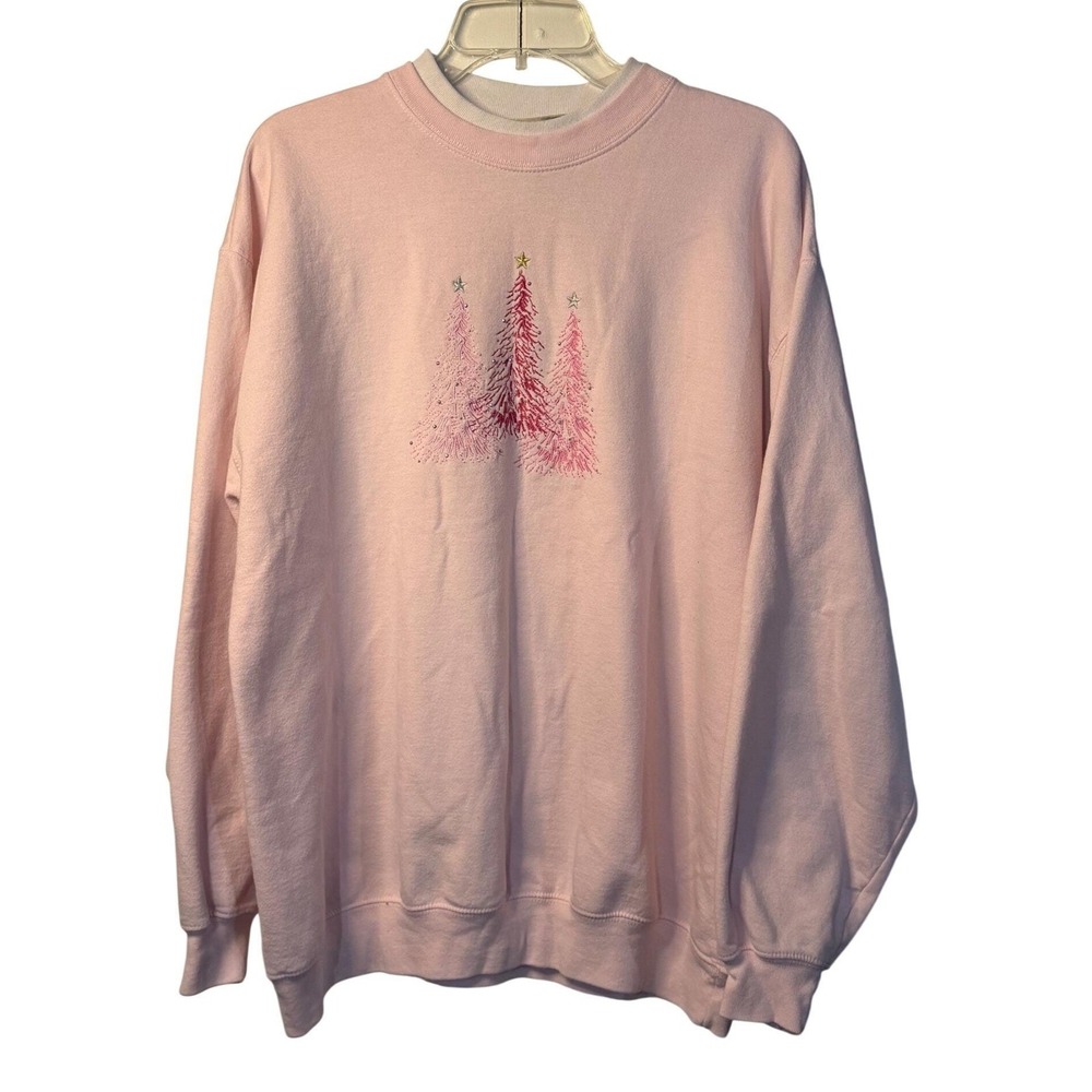 M&C Sportswear Pink Sweatshirt Embroidered Christmas Trees L Women‎ Cotton